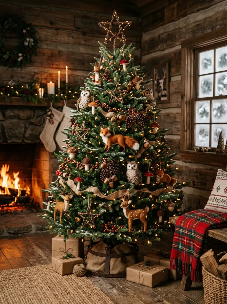 Christmas tree decorated with woodland animals, mushrooms, pinecones, and rustic accents in a cabin-style room.
