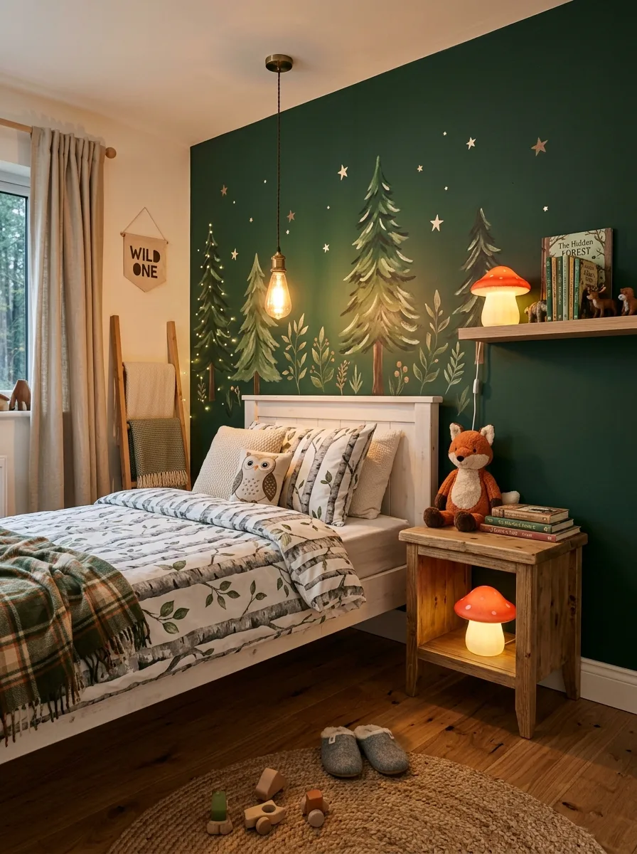 Woodland kids bedroom with green pine tree accent wall, birch duvet, stuffed fox, and warm Edison lighting