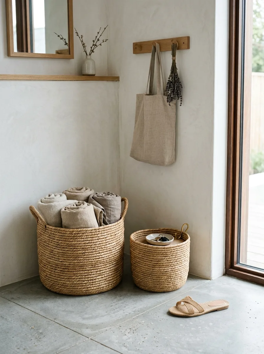 Japandi entryway style with woven seagrass floor baskets holding linen throws beside pale plastered wall