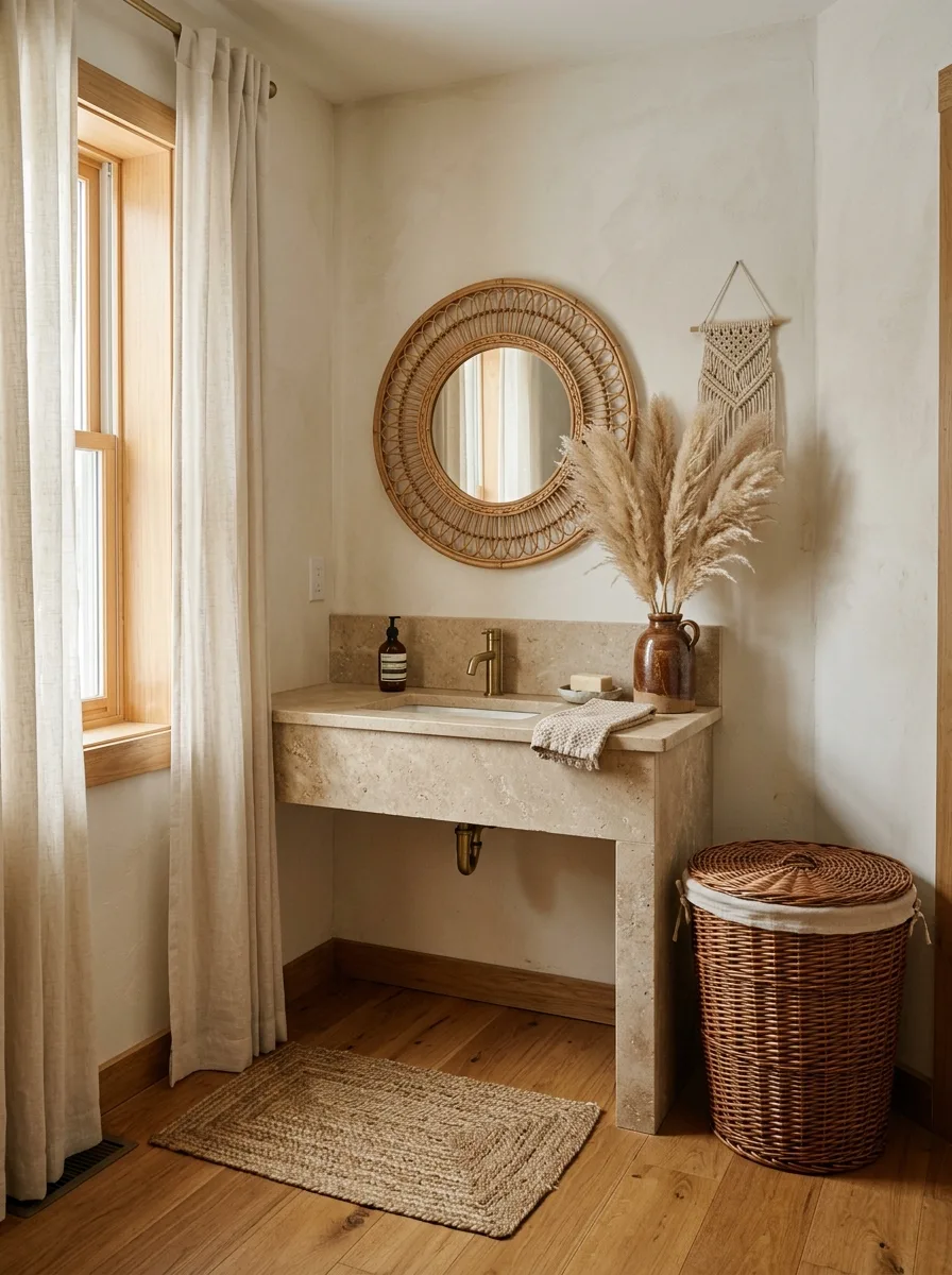 Rattan mirror and jute bath mat styling in Brown and Beige Bathroom Ideas with pampas grass décor