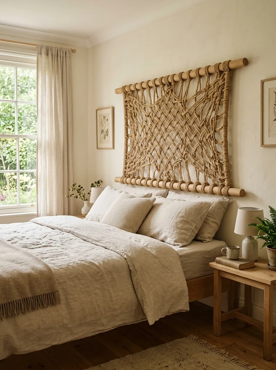 Neutral bedroom with a decorative woven rope headboard, light bedding, wood furniture, and sheer curtains.