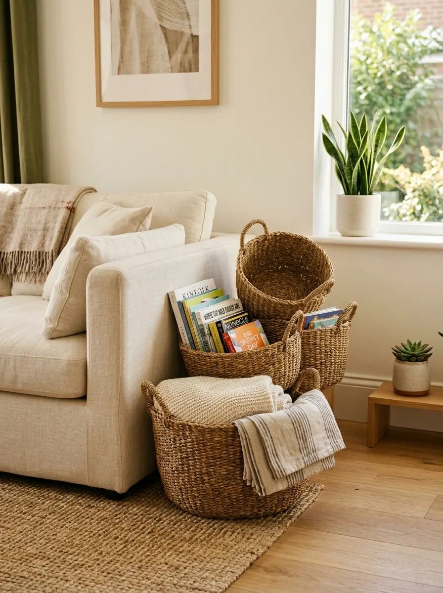 Living room corner featuring woven seagrass baskets, folded textiles, books, indoor plants, and a linen sofa.