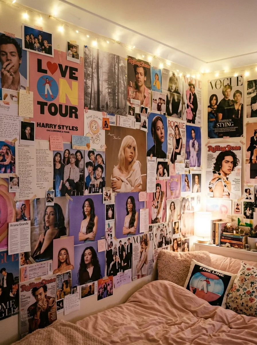 Teen bedroom gallery wall covered in overlapping pop star posters magazine cutouts and pink fairy lights in Y2K style