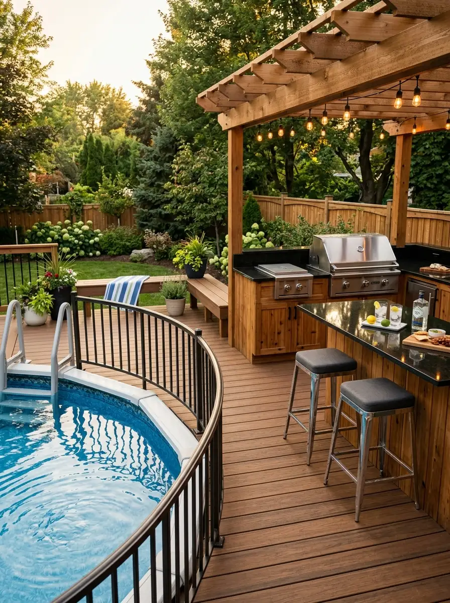 21 Amazing Above Ground Pool Deck Ideas That Go Beyond the Basic Deck With Style, Comfort, and Function 20 Spacious above ground pool deck with stainless grill, black granite outdoor kitchen counter, cedar cabinets, chrome barstools, and string lights