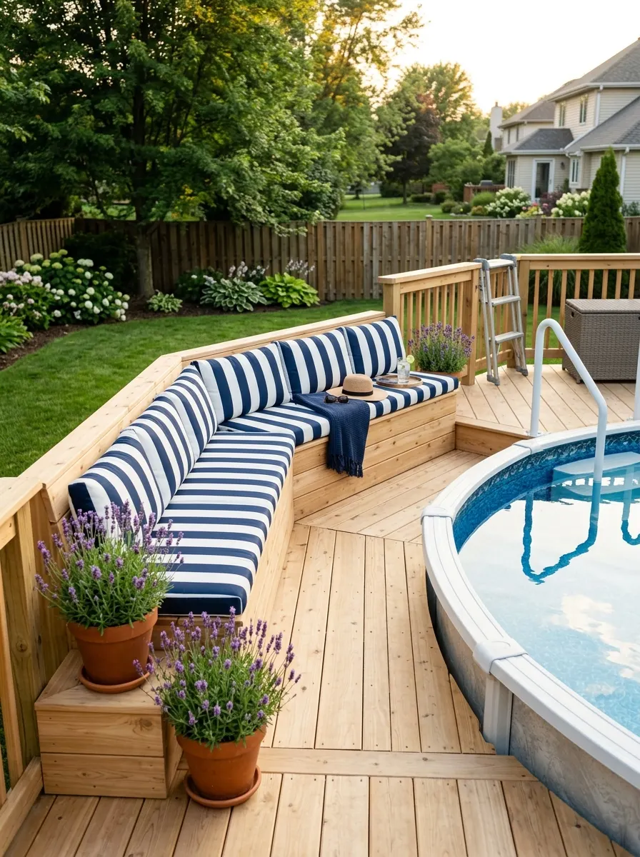 21 Amazing Above Ground Pool Deck Ideas That Go Beyond the Basic Deck With Style, Comfort, and Function 6 Above ground pool deck with built-in blonde wood bench, navy striped cushions, lavender plants, and clear blue pool water