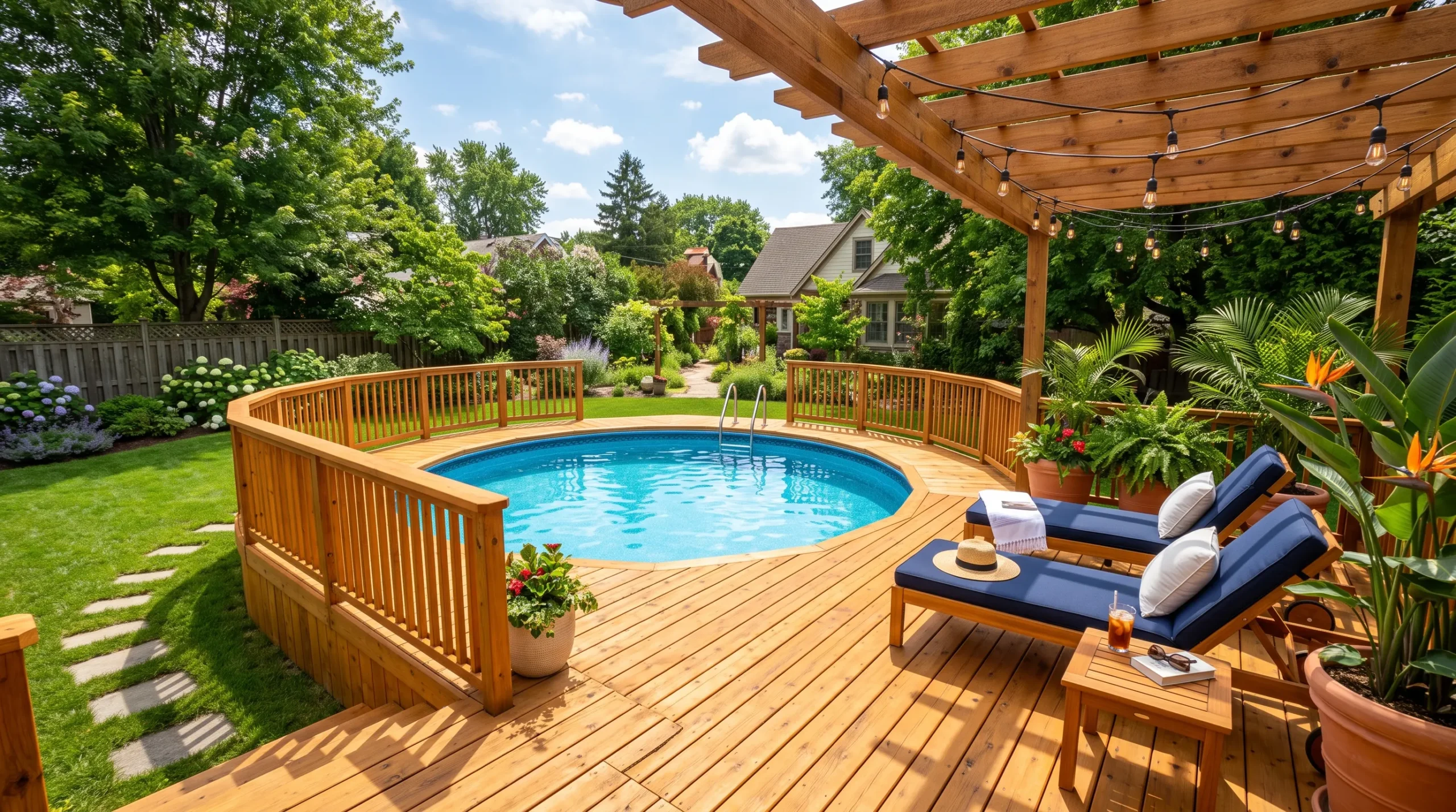 21 Amazing Above Ground Pool Deck Ideas That Go Beyond the Basic Deck With Style, Comfort, and Function 2 Warm cedar above ground pool deck with navy loungers, string lights, and lush green backyard on a sunny day