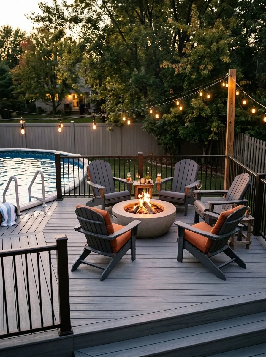 21 Amazing Above Ground Pool Deck Ideas That Go Beyond the Basic Deck With Style, Comfort, and Function 13 Gray composite above ground pool deck with concrete corner fire pit, dark Adirondack chairs with orange cushions, and string lights at evening