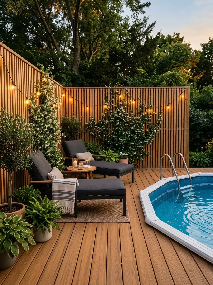 21 Amazing Above Ground Pool Deck Ideas That Go Beyond the Basic Deck With Style, Comfort, and Function 11 Above Ground Pool Deck with Natural Wood Privacy Screen