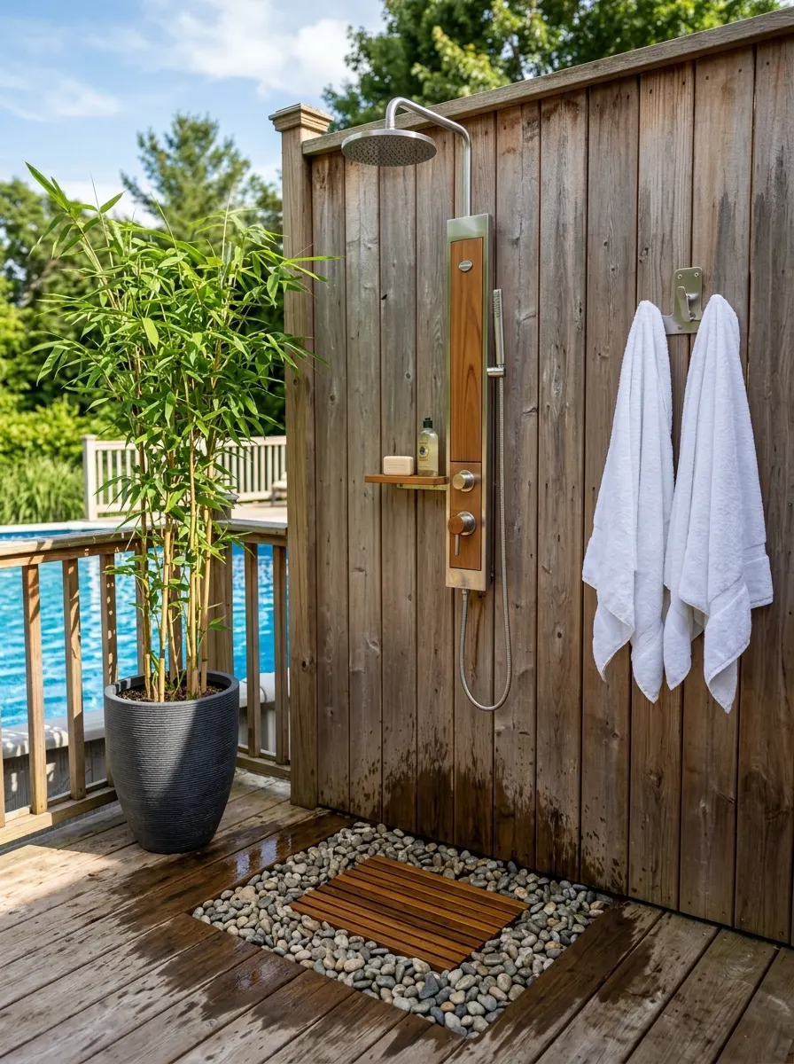 21 Amazing Above Ground Pool Deck Ideas That Go Beyond the Basic Deck With Style, Comfort, and Function 12 Above ground pool deck with stainless steel outdoor shower, teak accents, river pebble base, white towels, and potted bamboo in bright sunlight
