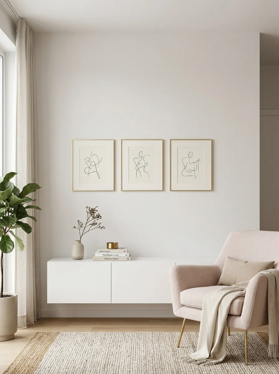 Three minimalist abstract line drawings in thin gold frames arranged horizontally as refined wall art for living room above a white media console