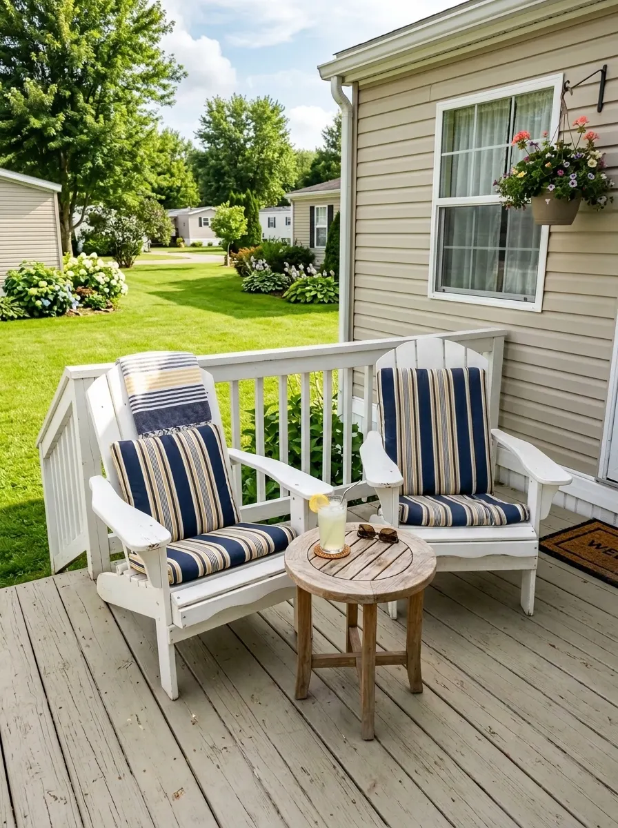 Two white Adirondack chairs with striped cushions and a teak side table on a mobile home back porch overlooking a green lawn