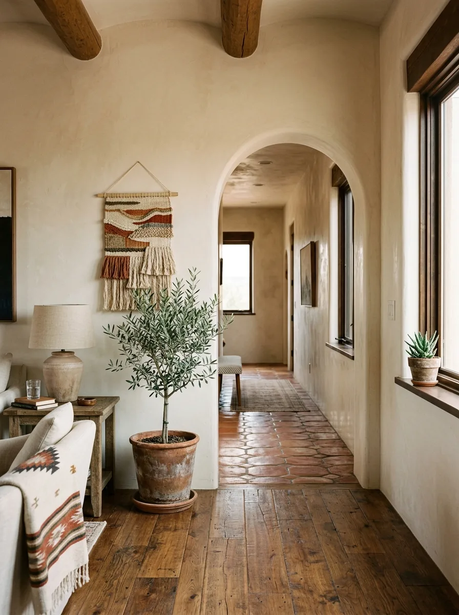 Ranch style living room with smooth plaster arched doorway in warm cream, potted olive tree, woven jute wall hanging, and terracotta tile hallway