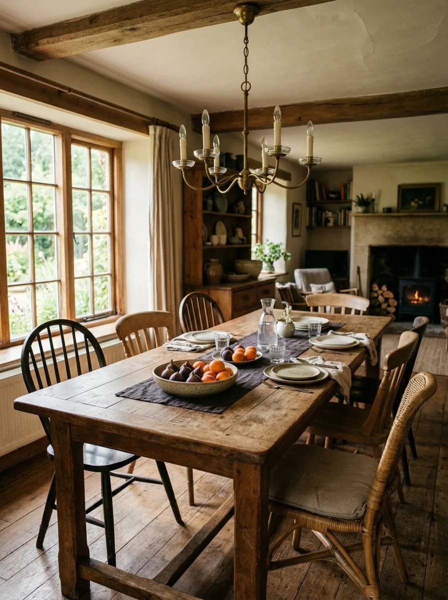 Aged wood dining table with rattan chairs and brass chandelier reflecting Nancy Meyers inspired decor values