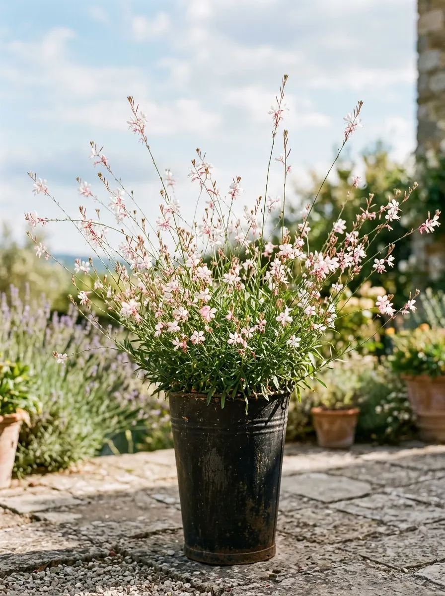 17 Full Sun Perennials for Low-Maintenance Container Gardens That Thrive With Minimal Care 15 Delicate white and pink gaura butterfly flowers waving on slender stems above a tall black iron container on a breezy garden terrace