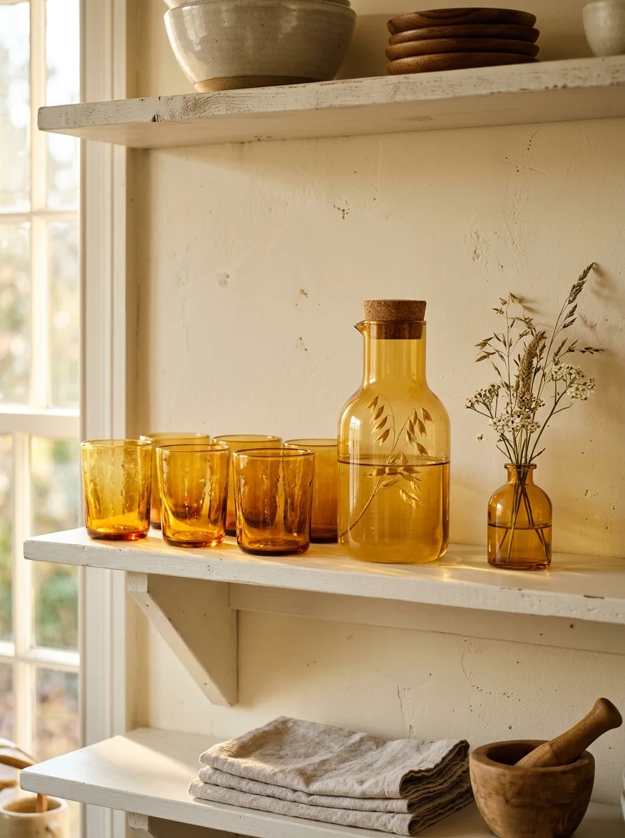 Amber glass tumblers, carafe, and bud vase on white kitchen shelving for warm seasonal kitchen decorating display