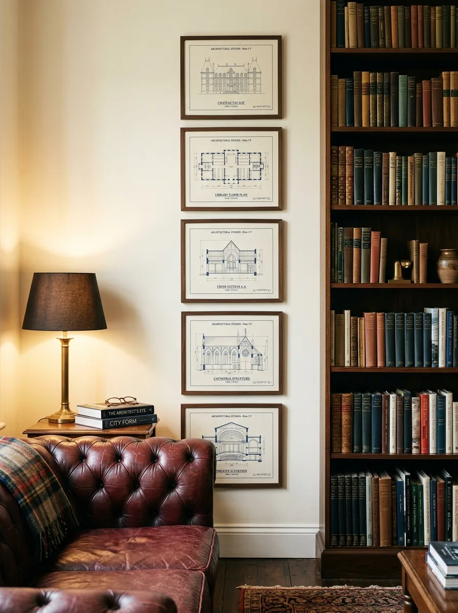 Five architectural blueprint prints in slim dark frames arranged vertically as collected living room wall art ideas beside a tall bookshelf