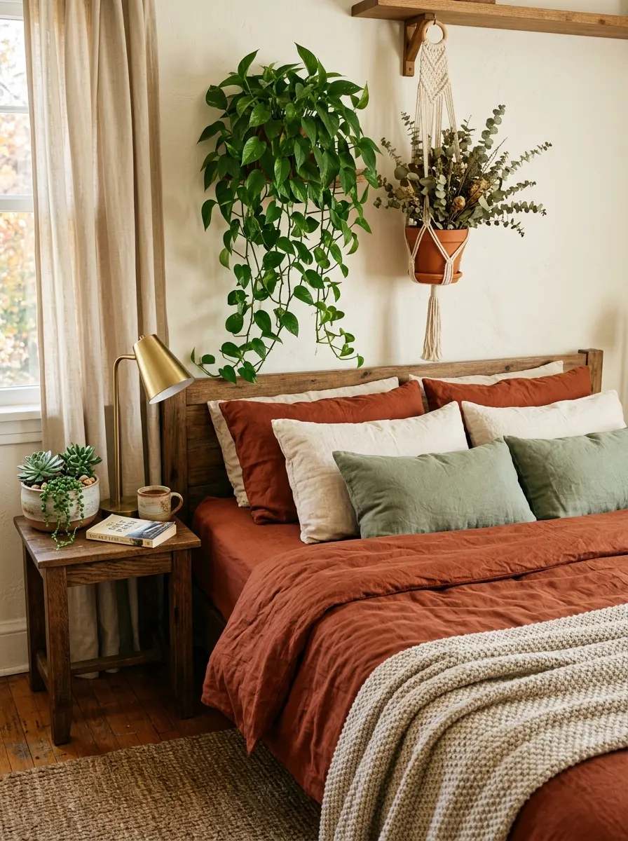 Autumn bedroom ideas with deep rust linen bedding, sage green pillows, trailing pothos, and macrame planter with dried eucalyptus