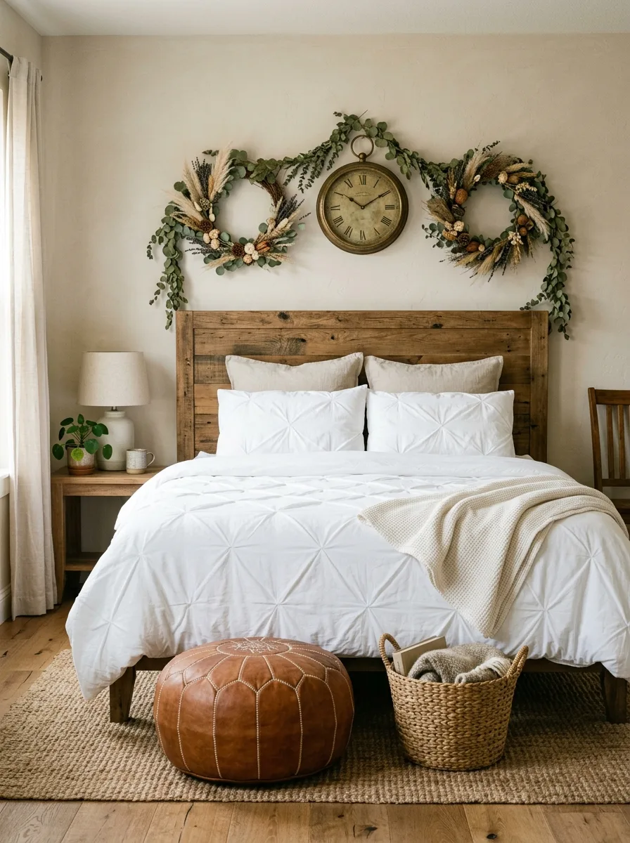 Autumn bedroom ideas featuring dried wreaths, vintage brass clock, and trailing leaf garland above rustic wood headboard