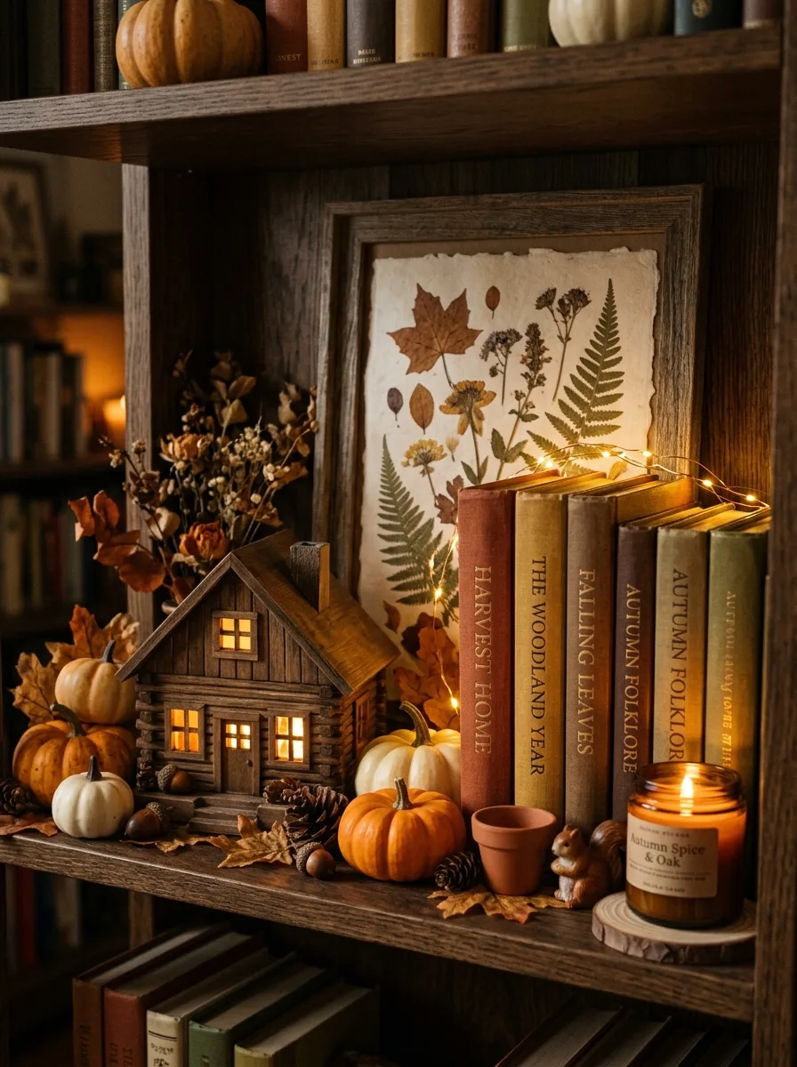 Why Fall Décor Hits Different: 17 Principles You Never Knew You Needed 10 Cozy bookshelf micro-scene for fall decorating with lit cabin figurine, warm-toned books, pumpkins, and threaded fairy lights