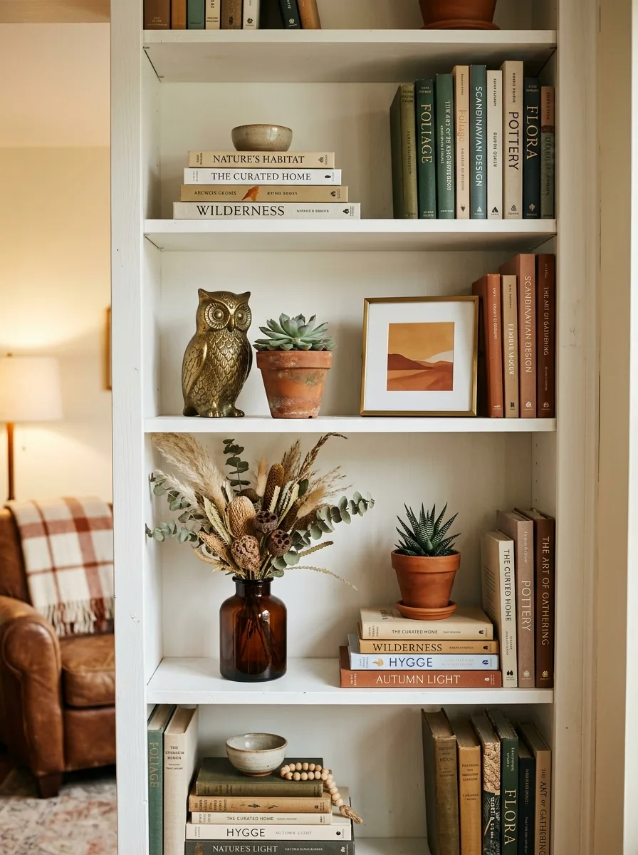 Bookshelf styled with warm fall tones, terracotta pots, dried botanicals, and brass accents for autumn living room decor