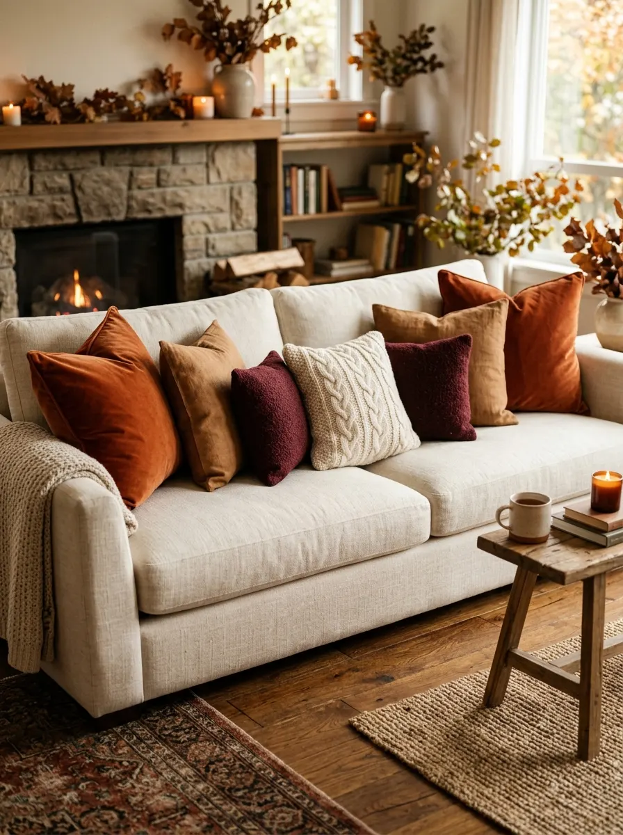 Cream sofa styled with rust velvet, caramel linen, and burgundy pillows in a curated autumn throw pillow arrangement for fall living room