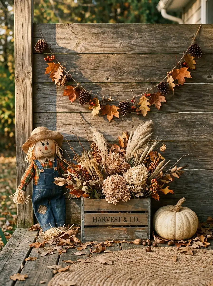 Why Fall Décor Hits Different: 17 Principles You Never Knew You Needed 12 Outdoor fall décor display with scarecrow, pumpkins, and dried botanicals against weathered fence backdrop with pine cone garland