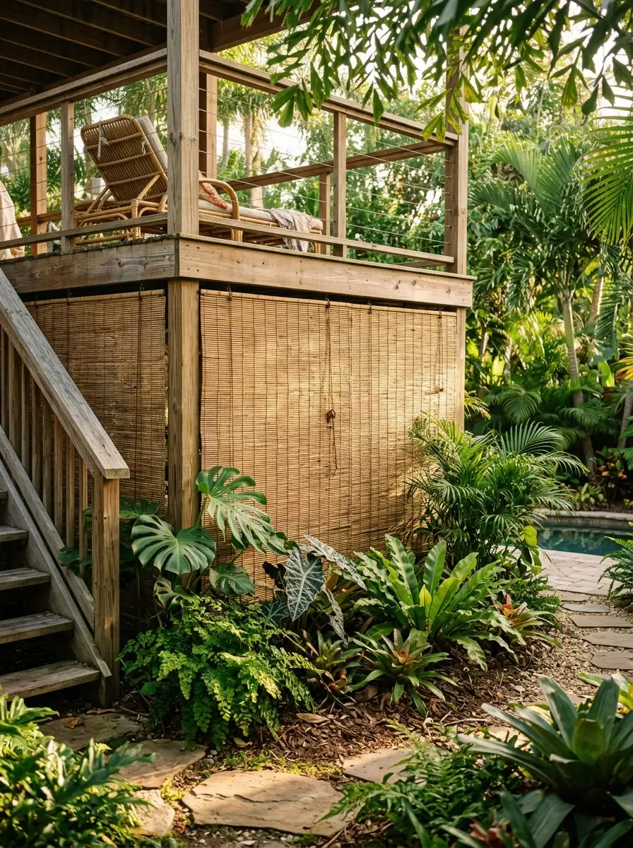 Natural bamboo roll screen panels used as tropical-style under deck skirting surrounded by lush plants in a warm backyard