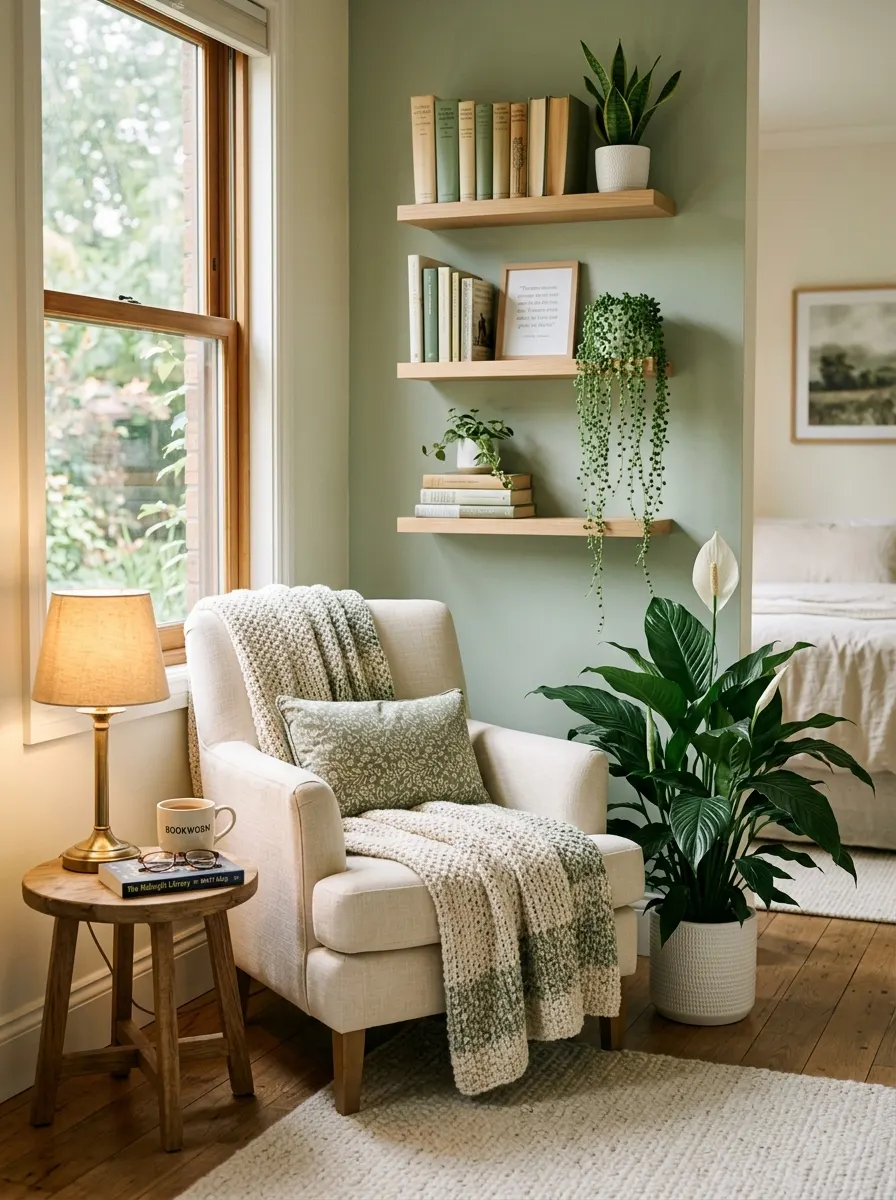 The 20 Houseplant Corners We Keep Coming Back to for Real Inspiration 13 Cozy bedroom reading nook houseplant corner with cream armchair, large peace lily, snake plants, and trailing string of pearls on floating shelves