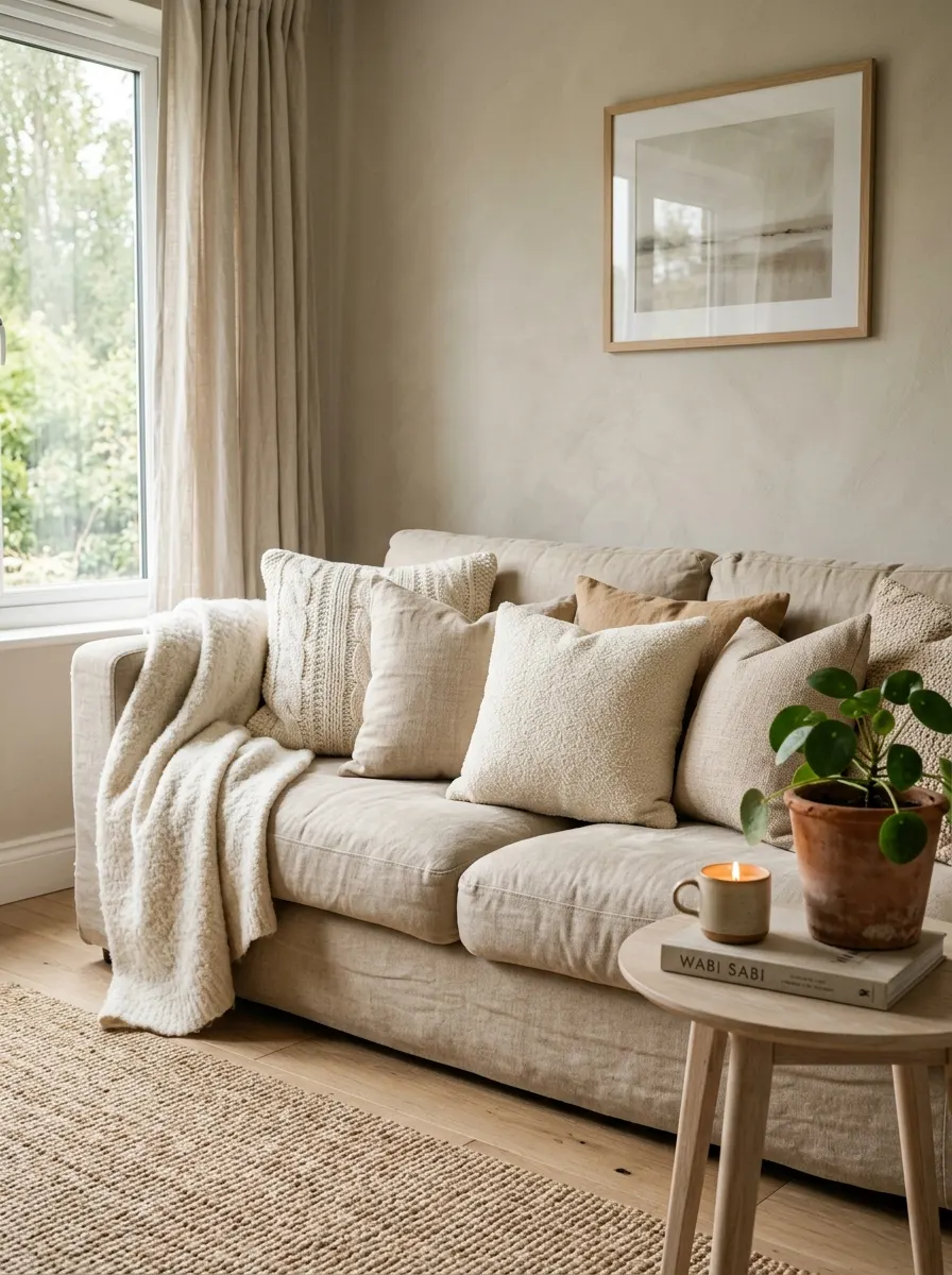 Plush beige linen sofa with layered ivory pillows illustrating sofa color meaning in a calm, sunlit living room