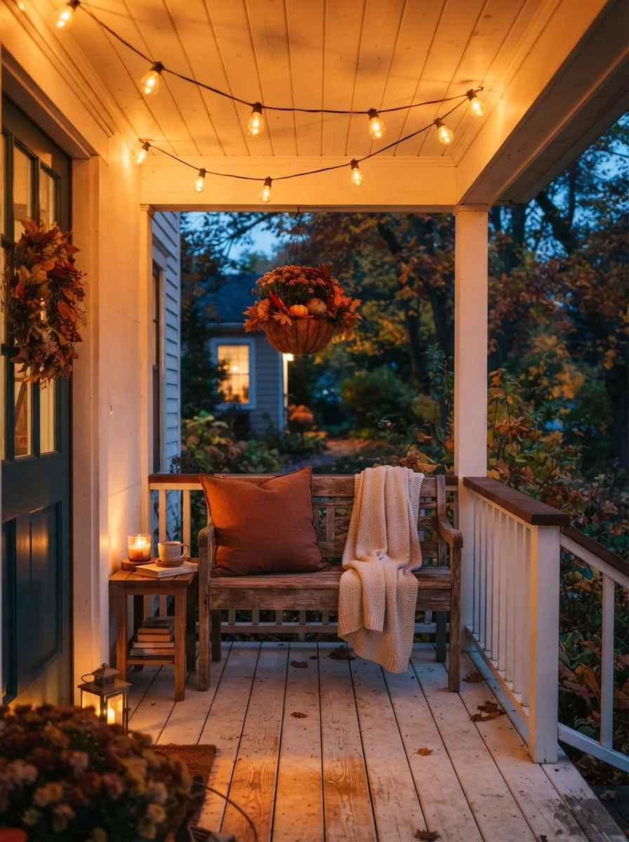 Edison bistro lights strung in a low swag across a small covered porch ceiling creating a cozy fall front porch atmosphere