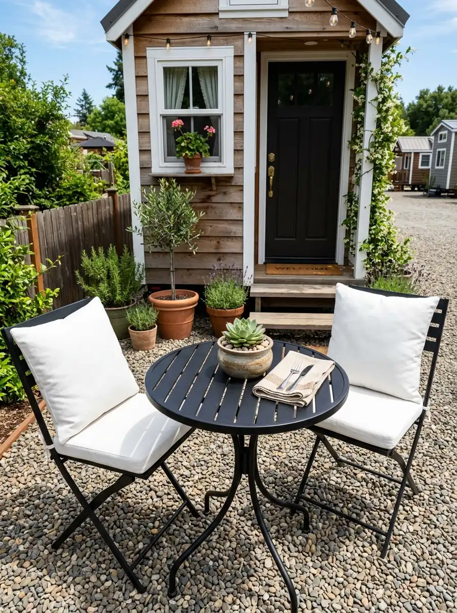 Round black metal bistro table and two chairs on a small mobile home patio with succulent centerpiece and gravel ground cover