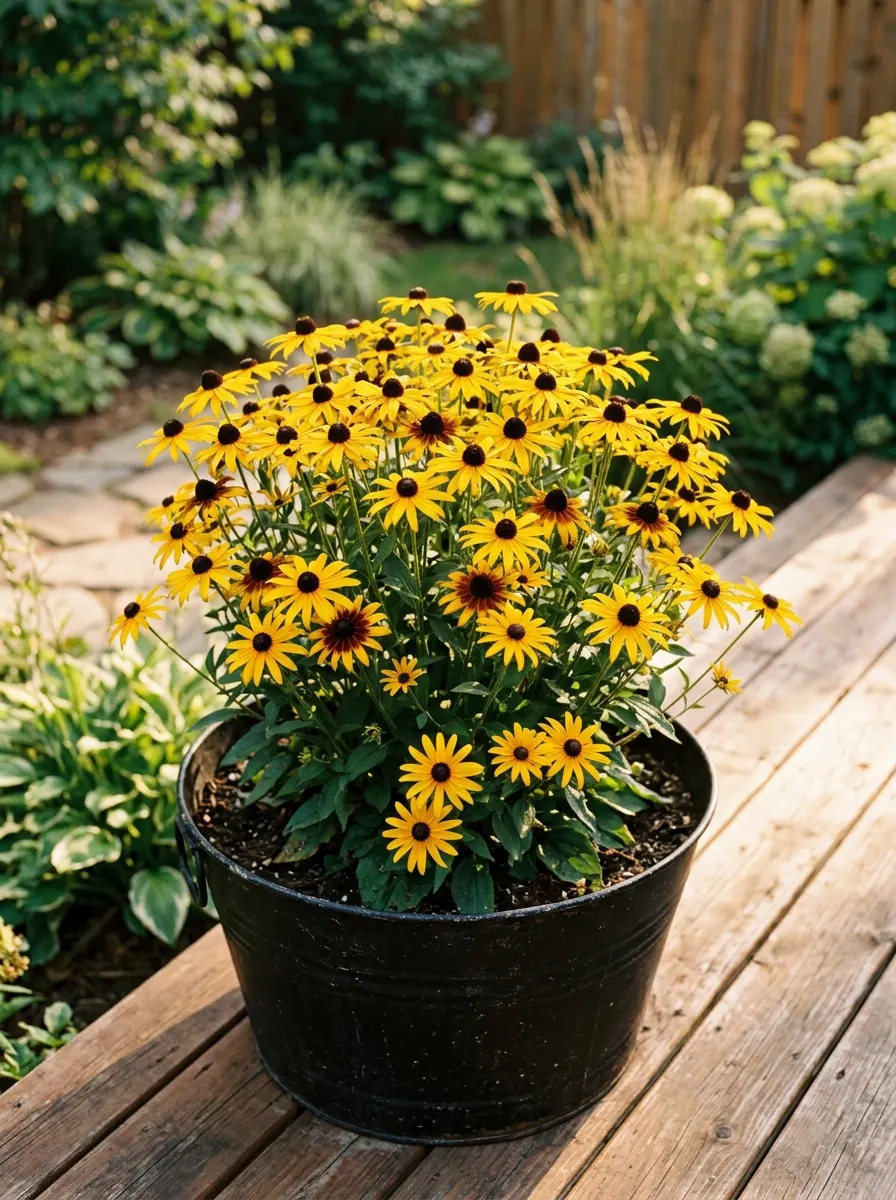 17 Full Sun Perennials for Low-Maintenance Container Gardens That Thrive With Minimal Care 8 Bright golden-yellow black-eyed Susan flowers with dark brown centers blooming abundantly in a black metal container on a garden deck