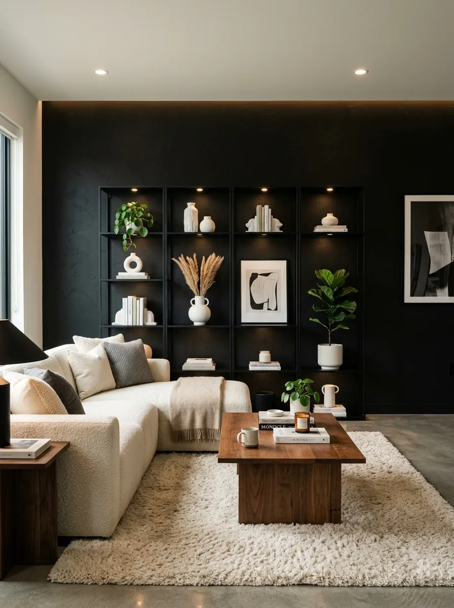 Matte black feature wall with ivory boucle sofa and walnut coffee table in a bold luxury living room color palette
