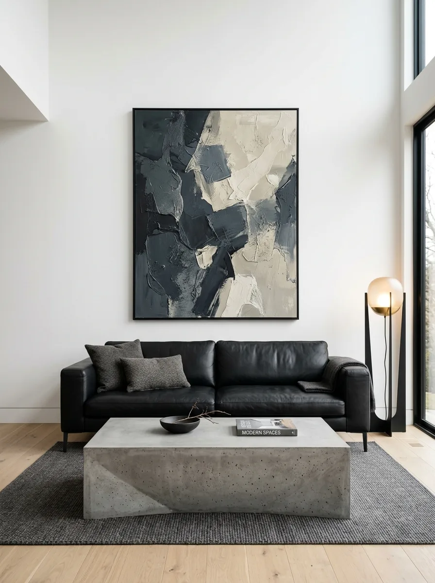 Sleek black leather sofa with white walls and concrete table expressing living room color psychology through fearless minimalist architectural interior design