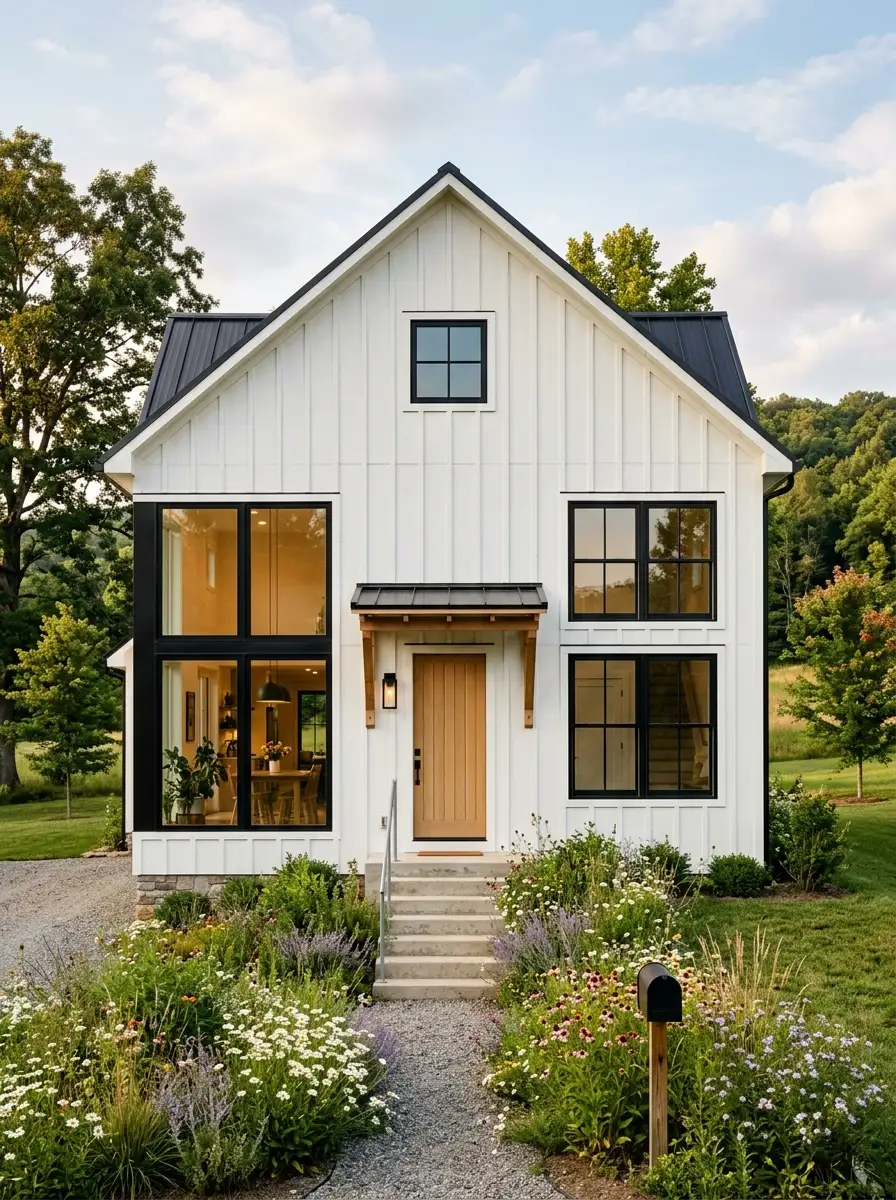 19 Stunning Small Barndominium Exterior Ideas That Prove Simple Barn House Designs Can Make a Big Impact 7 White small barndo exterior with bold black-framed windows of varying sizes, a minimalist wood door, and wildflower border landscaping