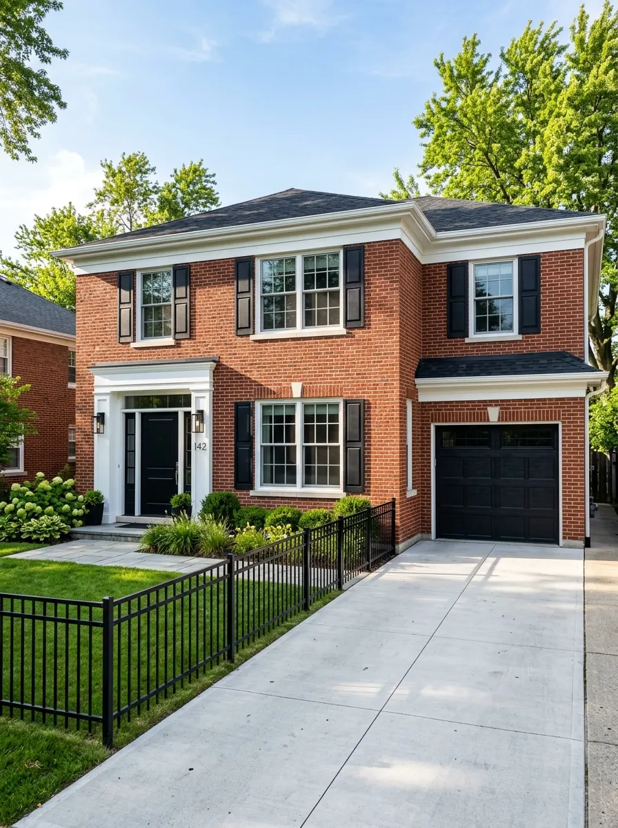 Red brick house exterior color scheme with white trim, matte black shutters, black garage door, and black front door for bold modern curb appeal