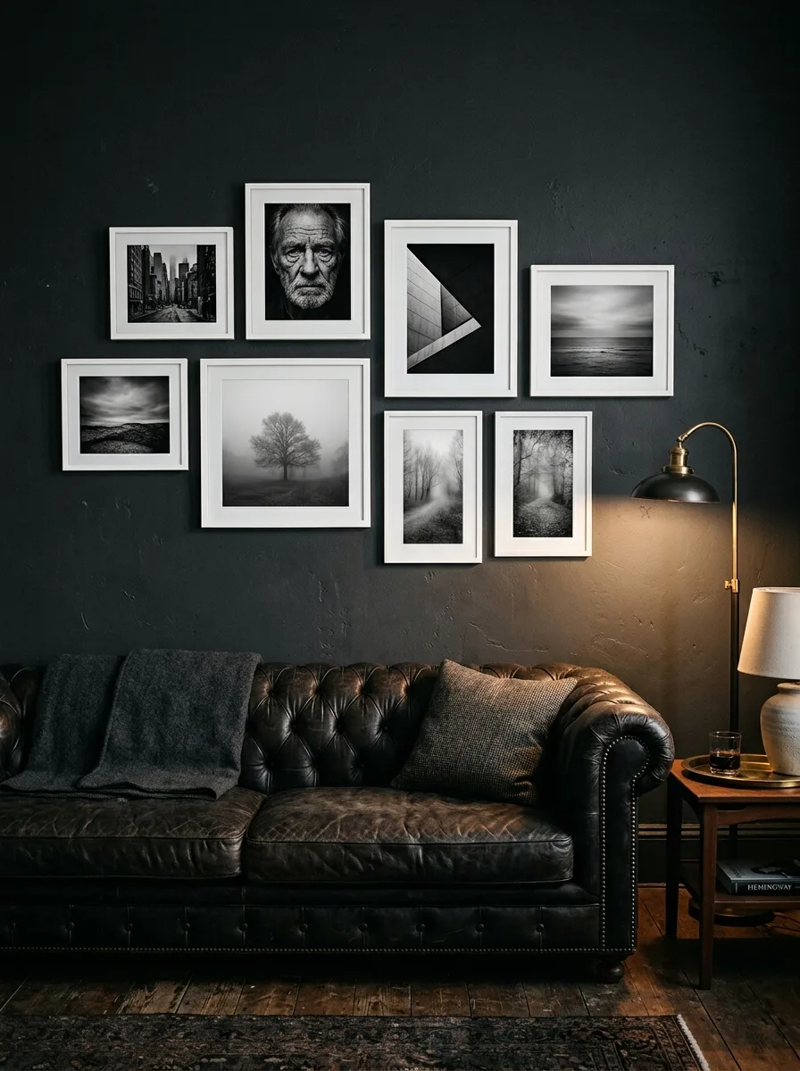 Asymmetric cluster of black and white photography prints in white frames on a dark charcoal wall as bold wall art for living room