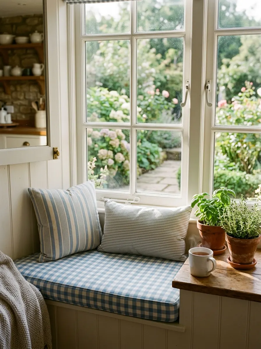 Blue and white gingham window seat cushion with stripe pillows in a sunlit kitchen nook reflecting Nancy Meyers home aesthetic warmth