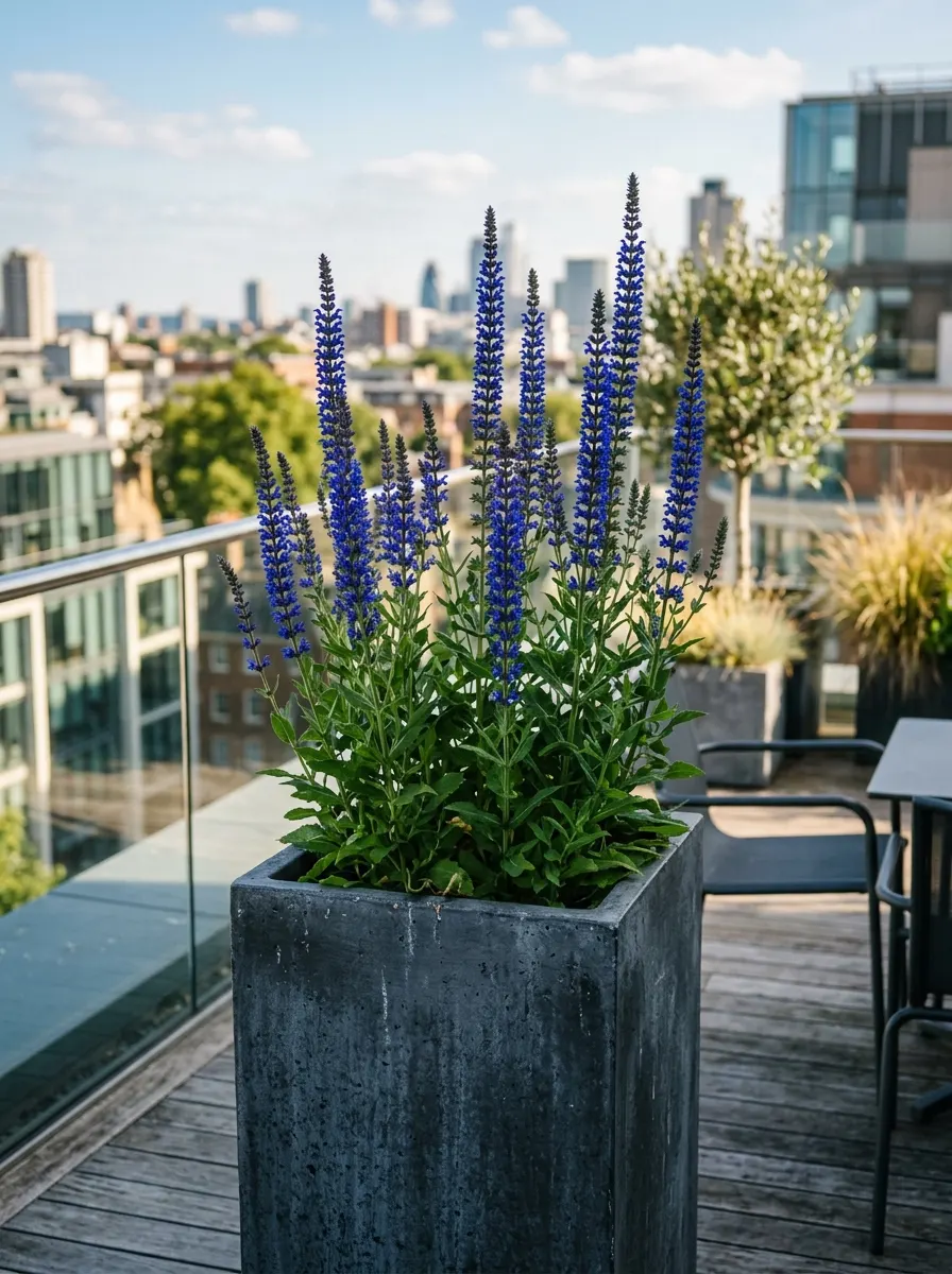 17 Full Sun Perennials for Low-Maintenance Container Gardens That Thrive With Minimal Care 6 Deep blue salvia flower spires growing from a tall grey concrete planter on a sunny urban rooftop terrace in summer