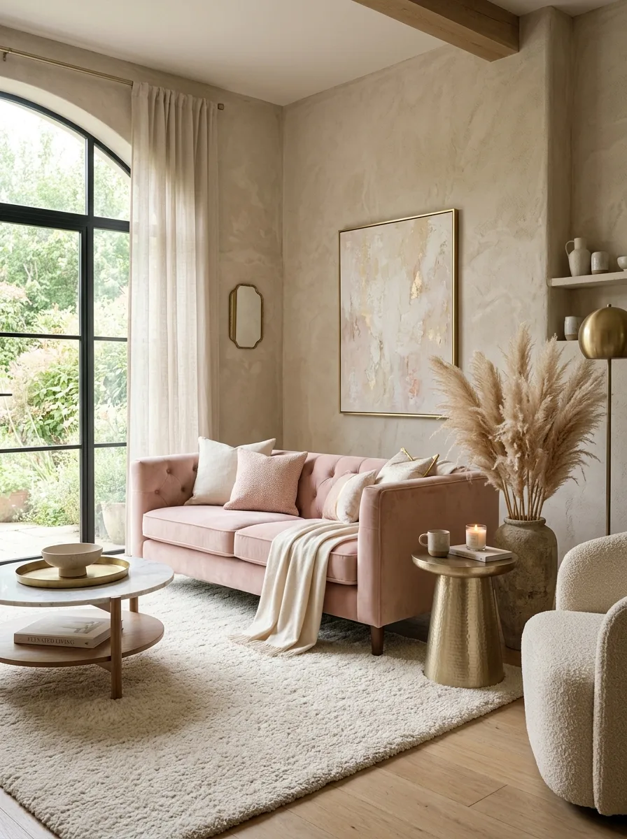 Stone walls with blush sofa and champagne side tables creating a serene and elegant living room palette for a sophisticated home