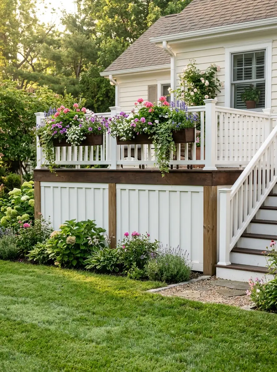 White board and batten deck skirting with narrow vertical battens on a cottage-style deck with flowering window boxes and green lawn