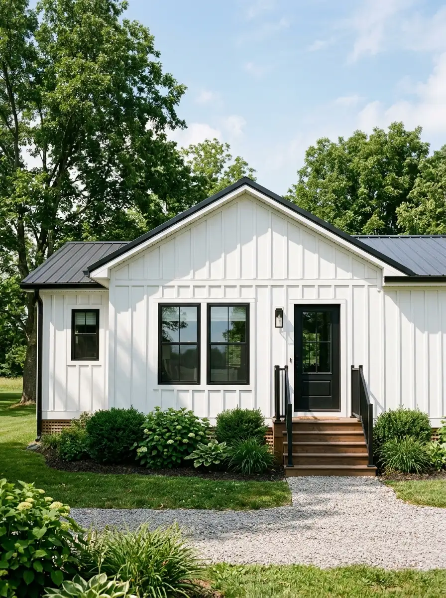 Mobile home exterior with white board and batten vertical siding, black window trim, and green foundation shrubs for a farmhouse curb appeal look