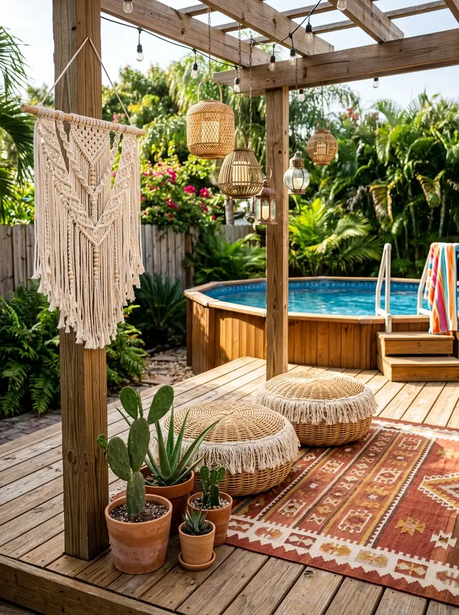 21 Amazing Above Ground Pool Deck Ideas That Go Beyond the Basic Deck With Style, Comfort, and Function 14 Boho above ground pool deck with macrame wall hanging, rattan poufs, woven rust rug, hanging lanterns, and potted cacti in natural light