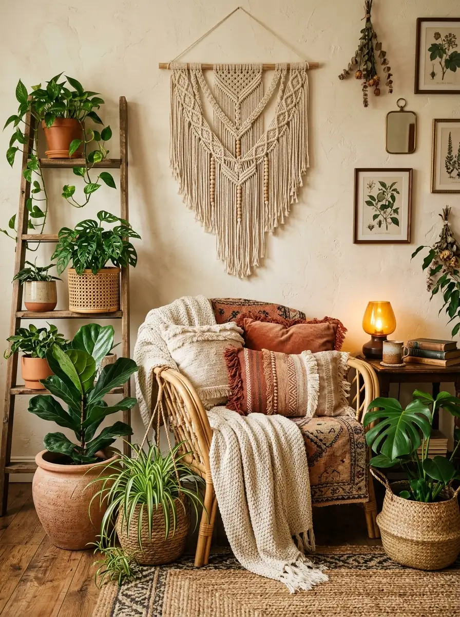 The 20 Houseplant Corners We Keep Coming Back to for Real Inspiration 15 Boho houseplant corner with rattan chair, macrame wall hanging, trailing plants in woven and terracotta planters at floor and shelf height