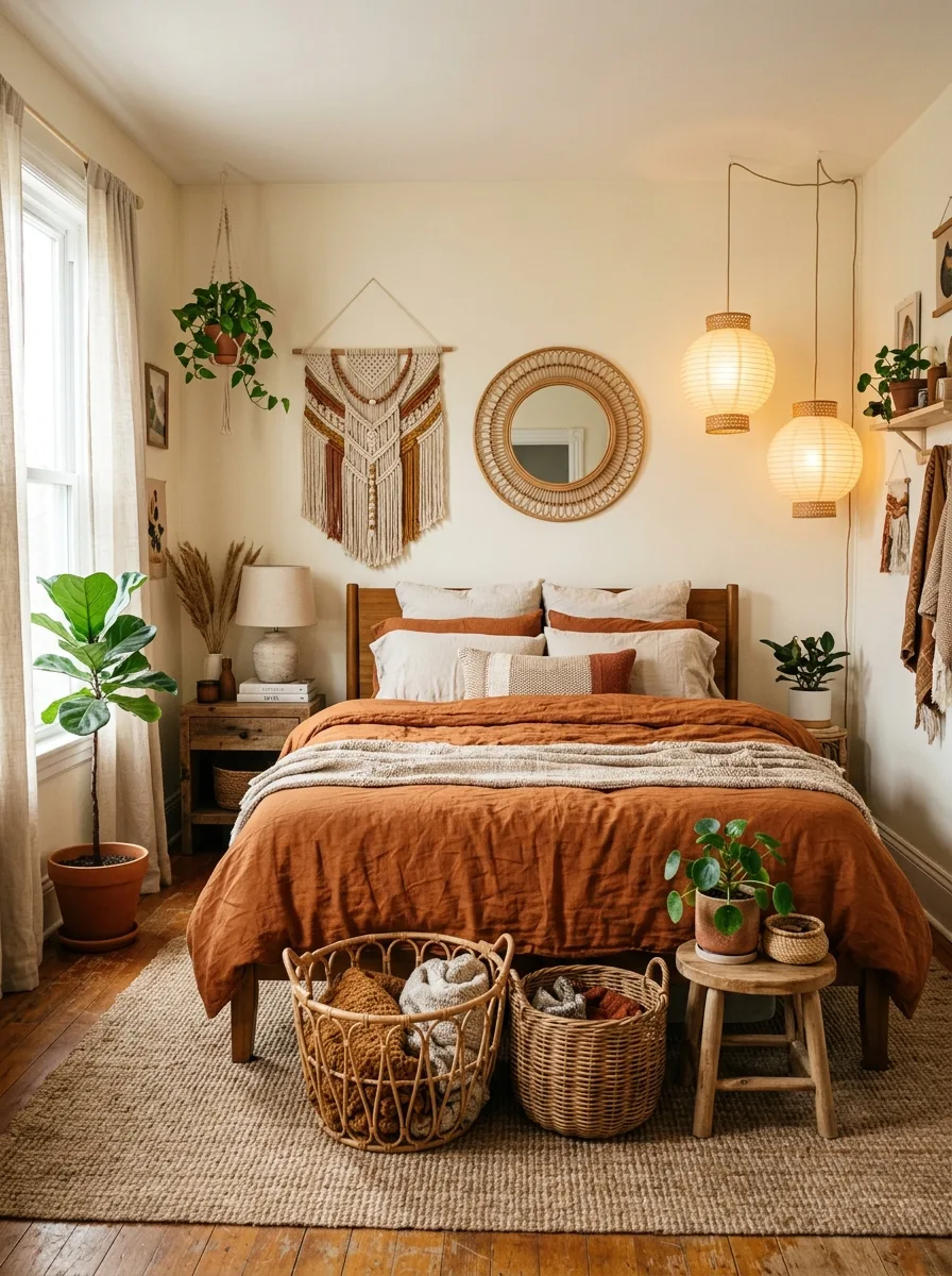Boho seasonal bedroom style with burnt orange duvet, macrame wall hanging, round mirror, and rattan baskets in warm earth tones
