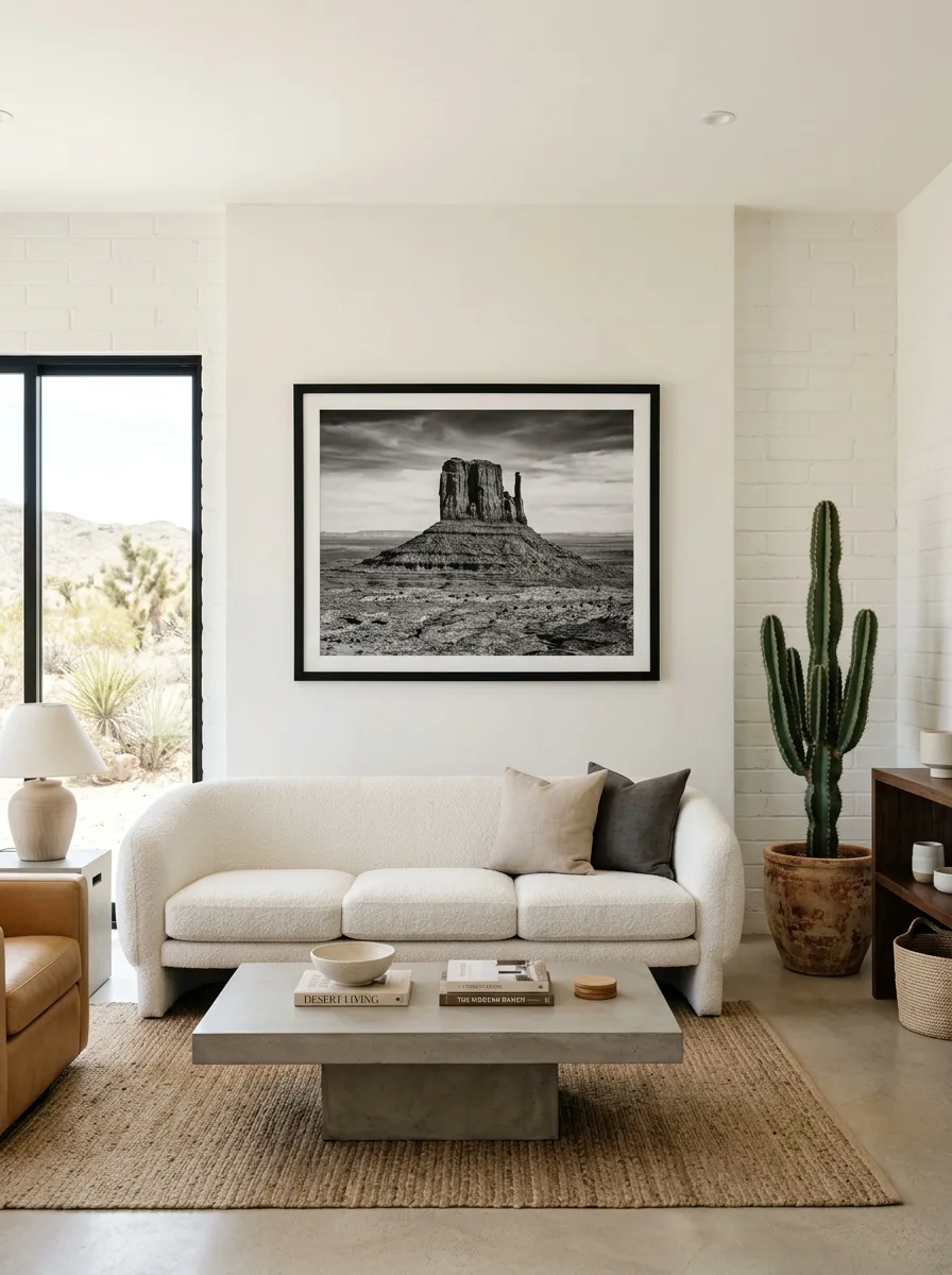Modern western living room décor with large black and white desert mesa photograph above white boucle sofa, concrete coffee table, and saguaro cactus in natural light