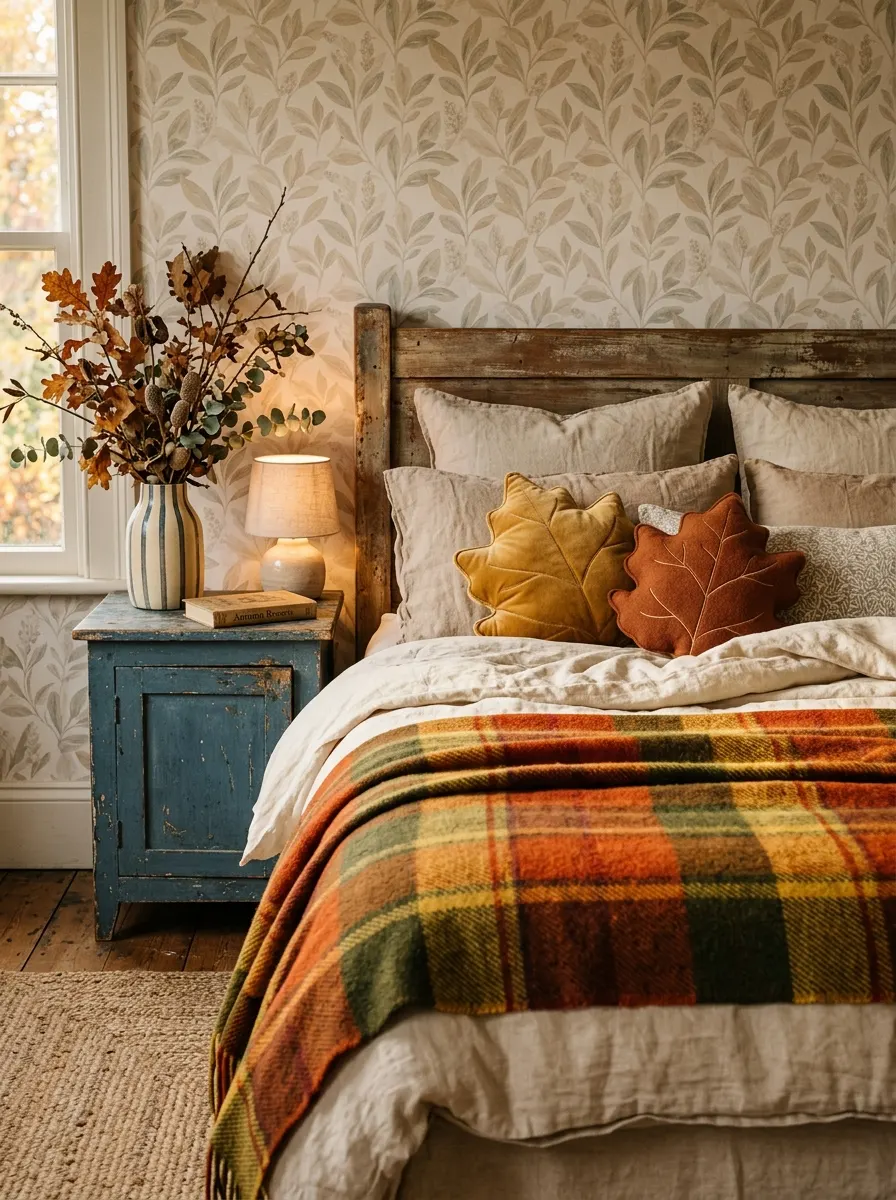 Bold plaid fall bedroom look with orange plaid blanket, leaf-shaped pillows, and dried branch arrangement on blue nightstand