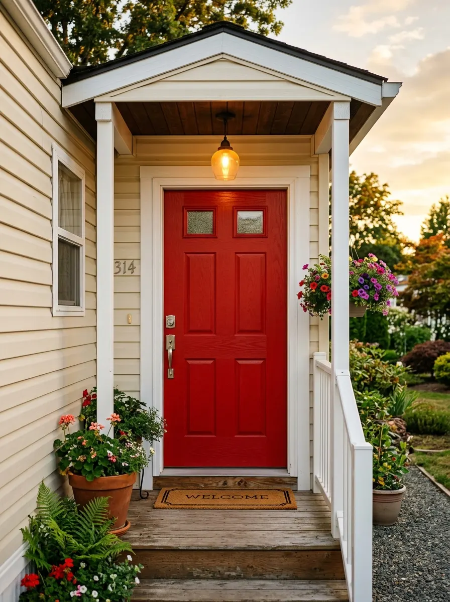 Mobile home exterior entry with bold red front door, white frame, brushed nickel hardware, and warm pendant lighting for strong curb appeal