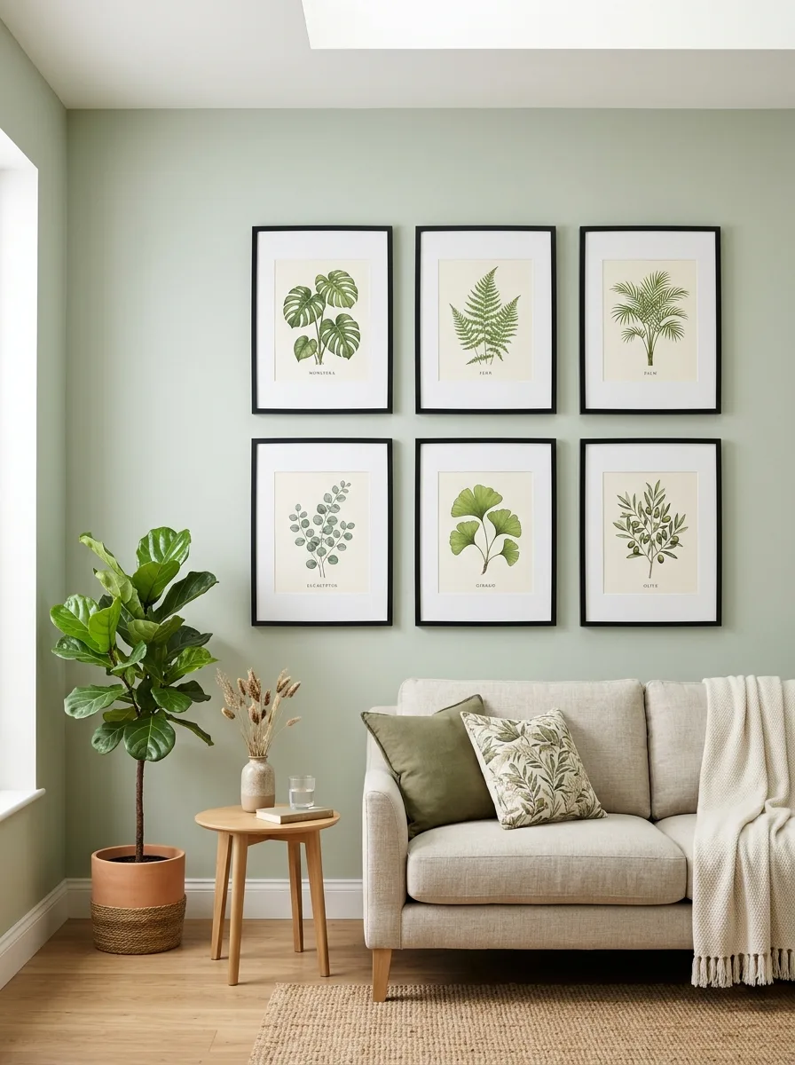 Symmetrical botanical print grid in thin black frames on a sage wall as structured living room wall art ideas above a linen sofa