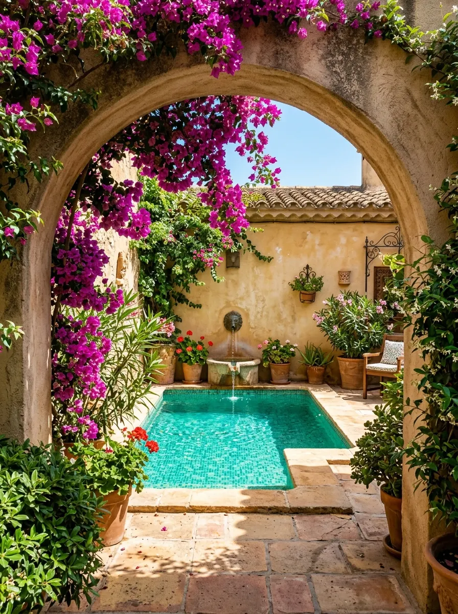 19 Brilliant Small Pool Design Ideas That Make Compact Backyards Feel Like a Private Luxury Resort 13 Small pool design with turquoise mosaic tiles seen through a rendered archway draped in fuchsia bougainvillea, warm stone paving, and fountain